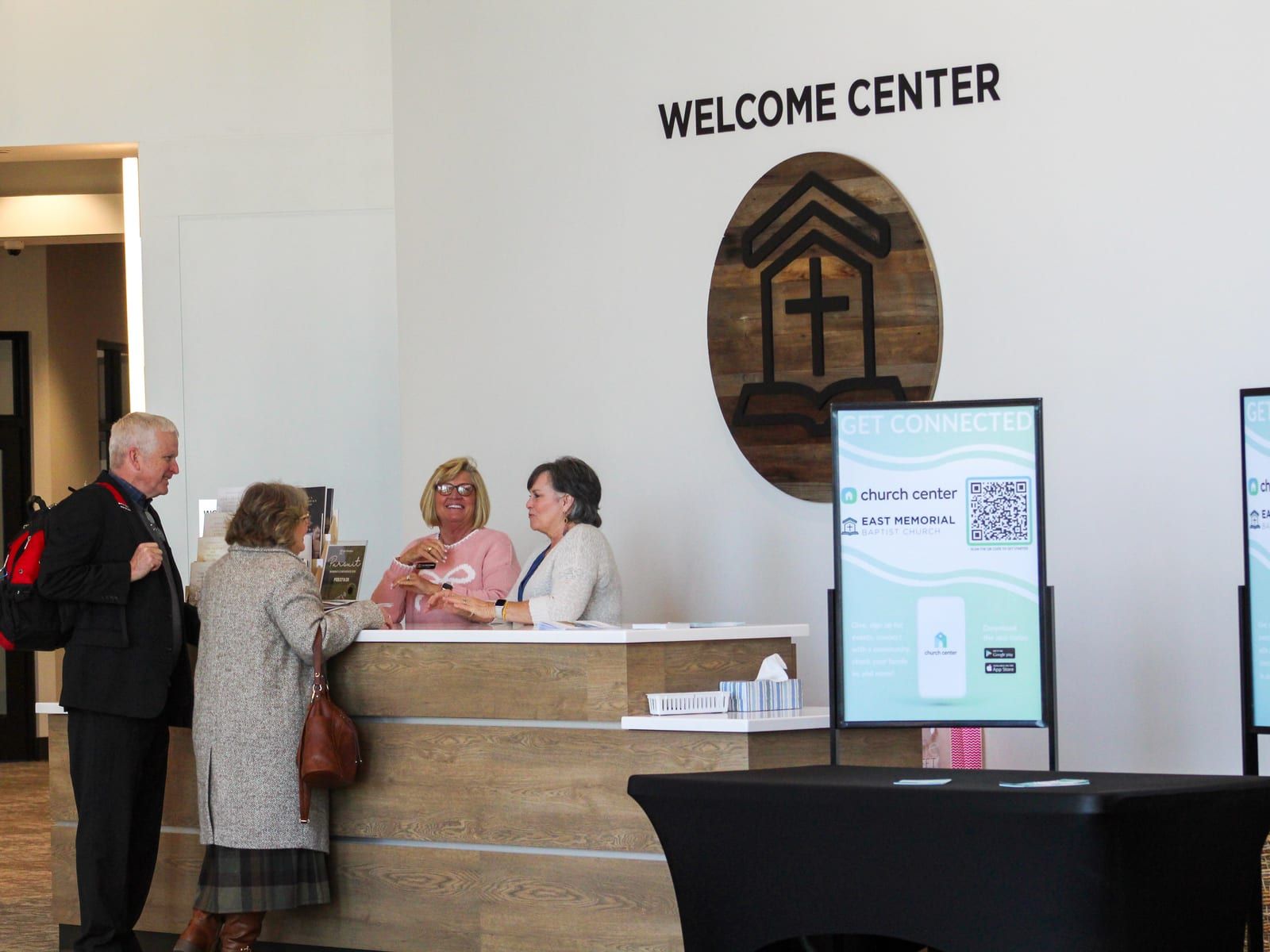The welcome desk, straight ahead in the lobby